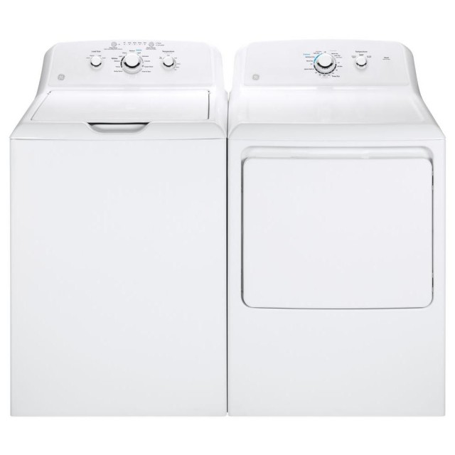 GE GTW330ASK1WW 3.8 cu. ft. White Top Load Washer and GE GTD33GASK0WW 7.2 cu. ft. 240 Volt White Electric Vented Dryer